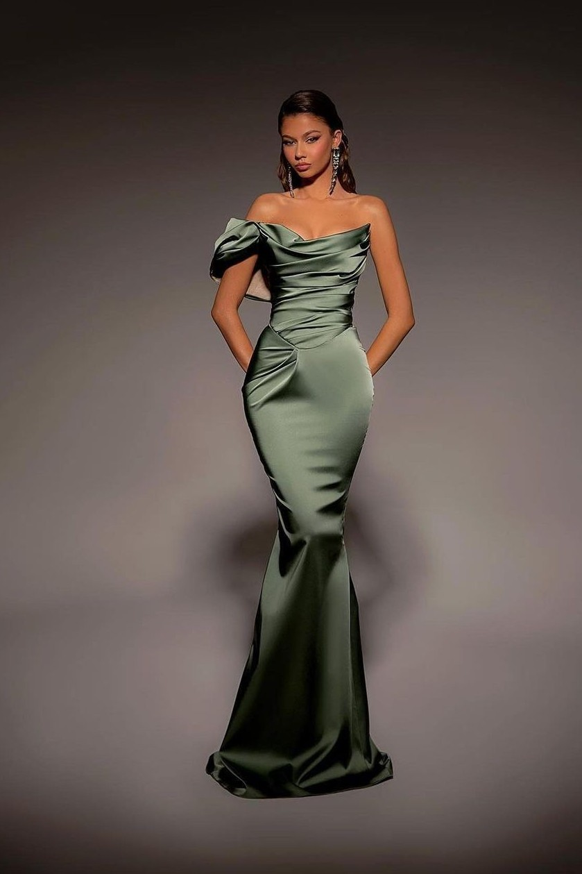 One Shoulder Strapless Long Mermaid Prom Dress With Pleated
