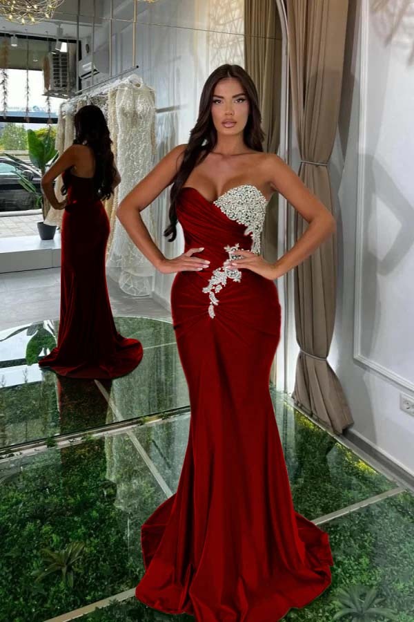 Strapless Sleeveless Long Mermaid Prom Dress With Pleated Beading