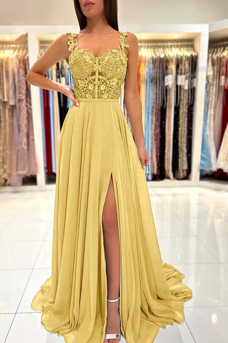 Straps Sleeveless Long A Line Split Prom Dress With Appliques