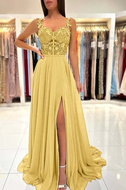 Straps Sleeveless Long A Line Split Prom Dress With Appliques