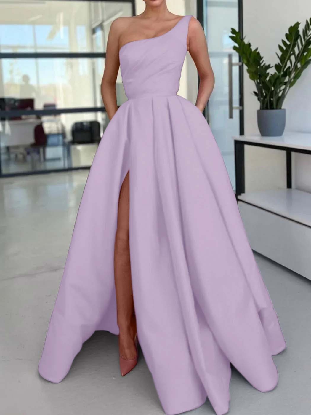 One Shoulder Sleeveless Long High Split Prom Dress With Pockets
