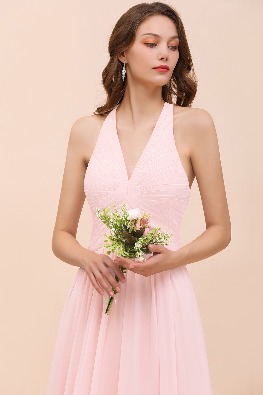 BMbridal Chic V-Neck Blushing Pink Chiffon Affordable Bridesmaid Dress with Ruffle-BMbridal