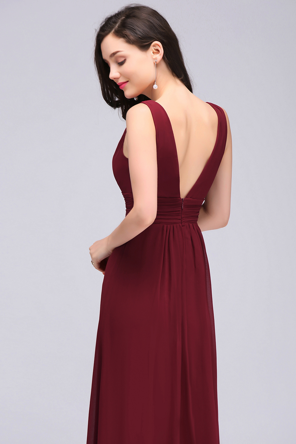 BMbridal Modest Burgundy V-Neck Sleeveless Long Bridesmaid Dresses Affordable-BMbridal