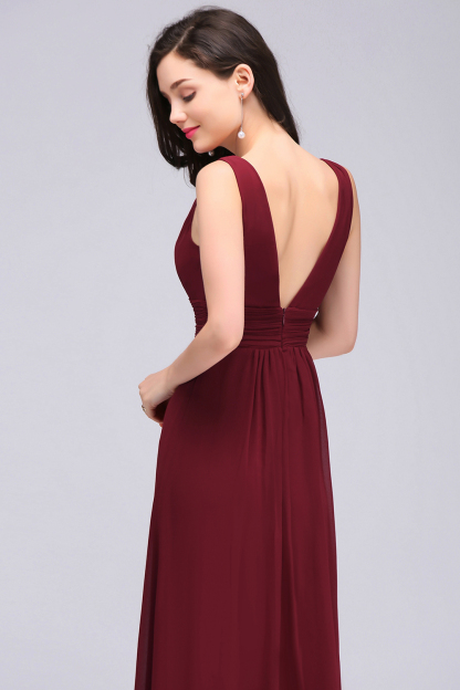 BMbridal Modest Burgundy V-Neck Sleeveless Long Bridesmaid Dresses Affordable-BMbridal