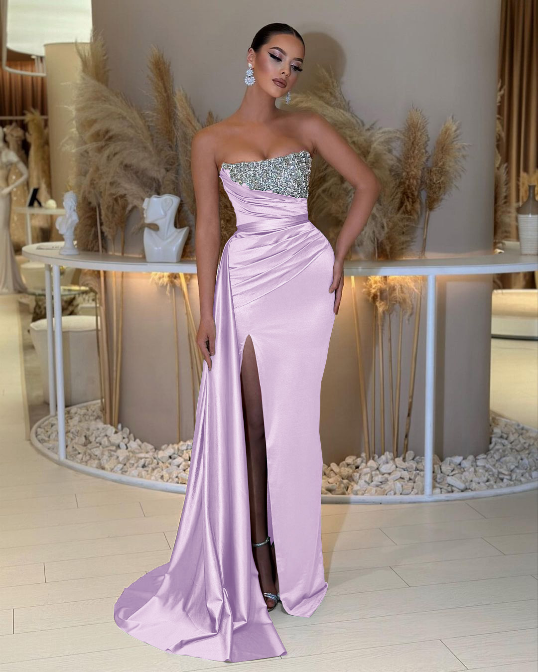 Charming Strapless Sleeveless Beading Sleeveless Split Prom Dress with Ruffles