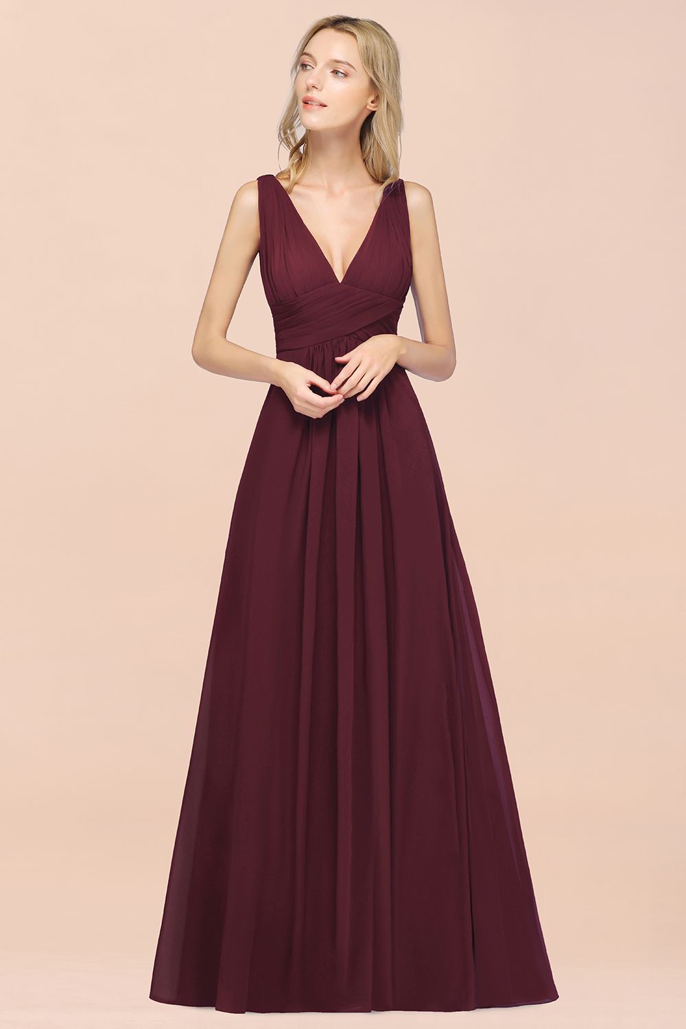 BMbridal Elegant V-Neck Burgundy Chiffon Affordable Bridesmaid Dress with Ruffle-BMbridal