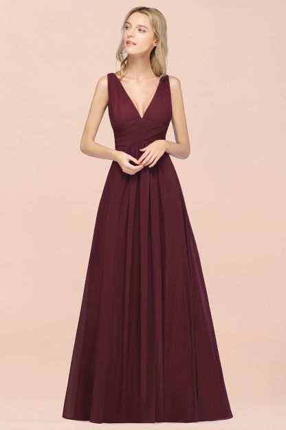 BMbridal Elegant V-Neck Burgundy Chiffon Affordable Bridesmaid Dress with Ruffle-BMbridal