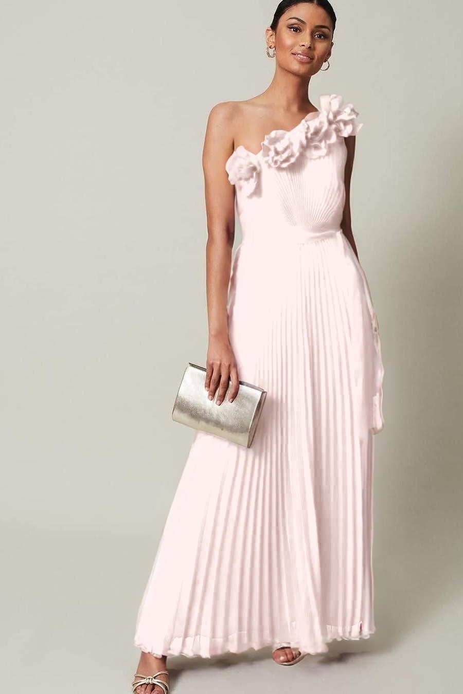 Chiffon One Shoulder Sleeveless Long Prom Dress With Pleated