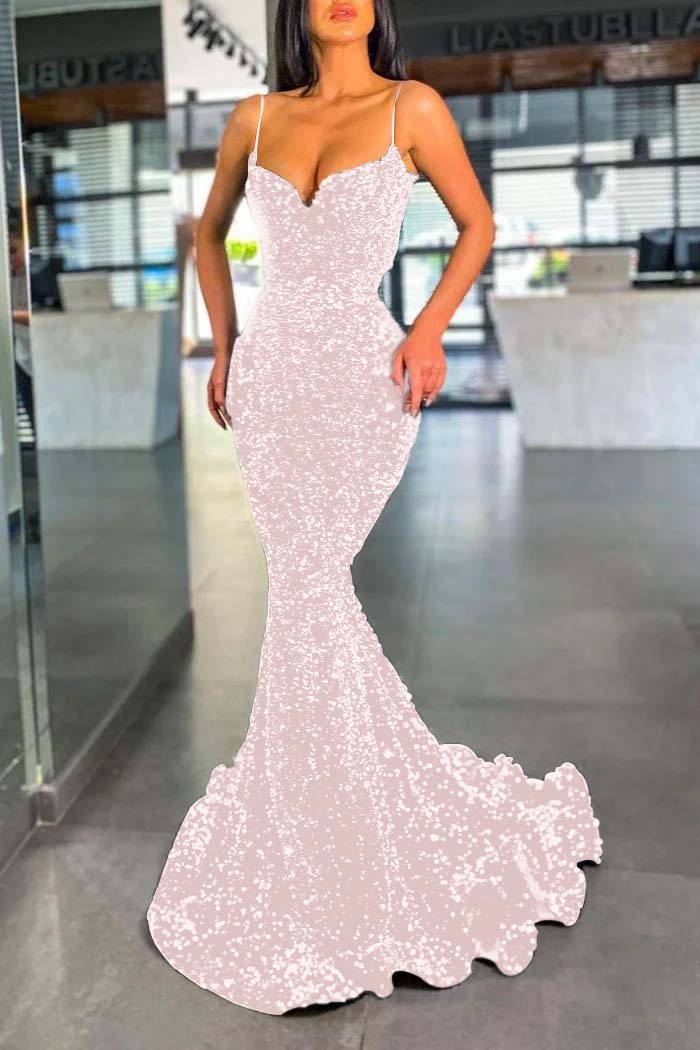 Spaghetti Strap Sleeveless Long Mermaid Prom Dress With Sequins
