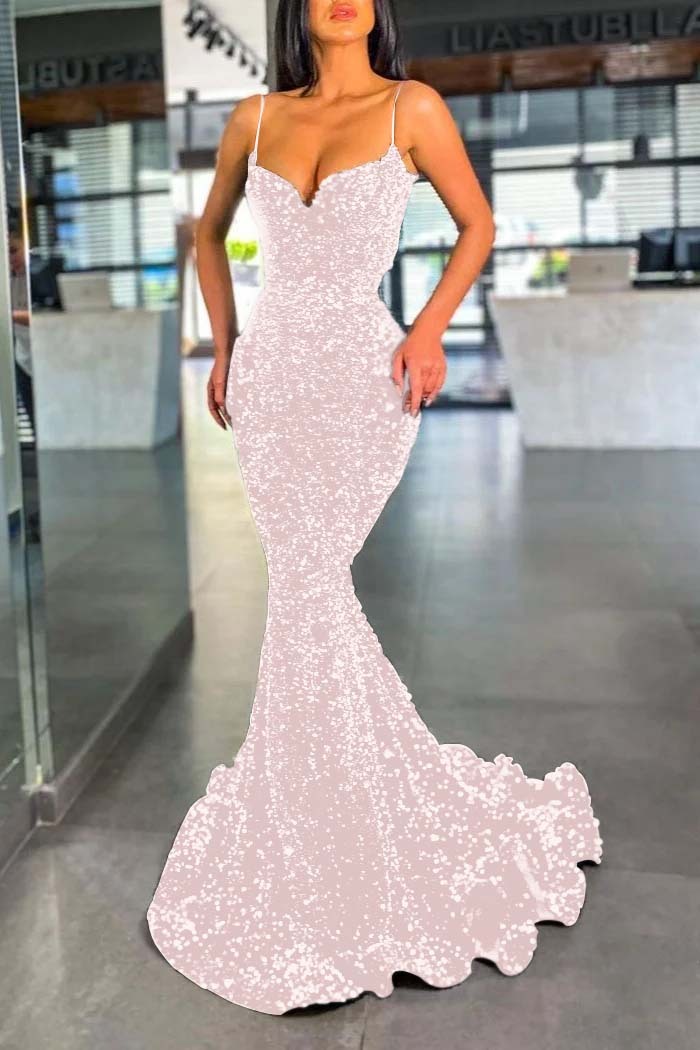 Spaghetti Strap Sleeveless Long Mermaid Prom Dress With Sequins