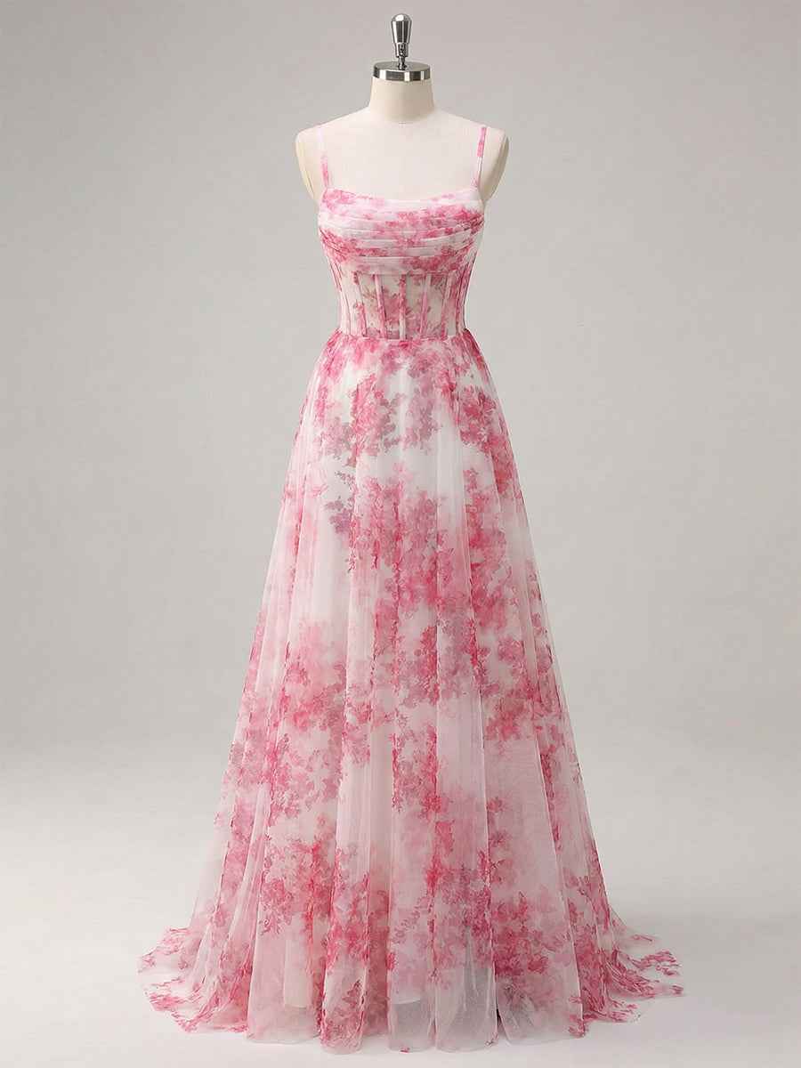 Pink Floral Corset Tulle Long Prom Dress with Delicate Spaghetti Straps