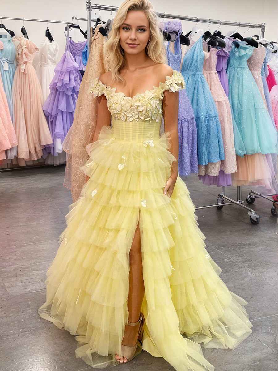 3D Floral Lace Off-the-Shoulder Ruffle Tiered Prom Dress