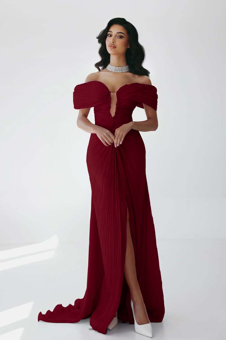 Off the Shoulder Sleeveless Long Mermaid Prom Dress With Ruffles Pleated