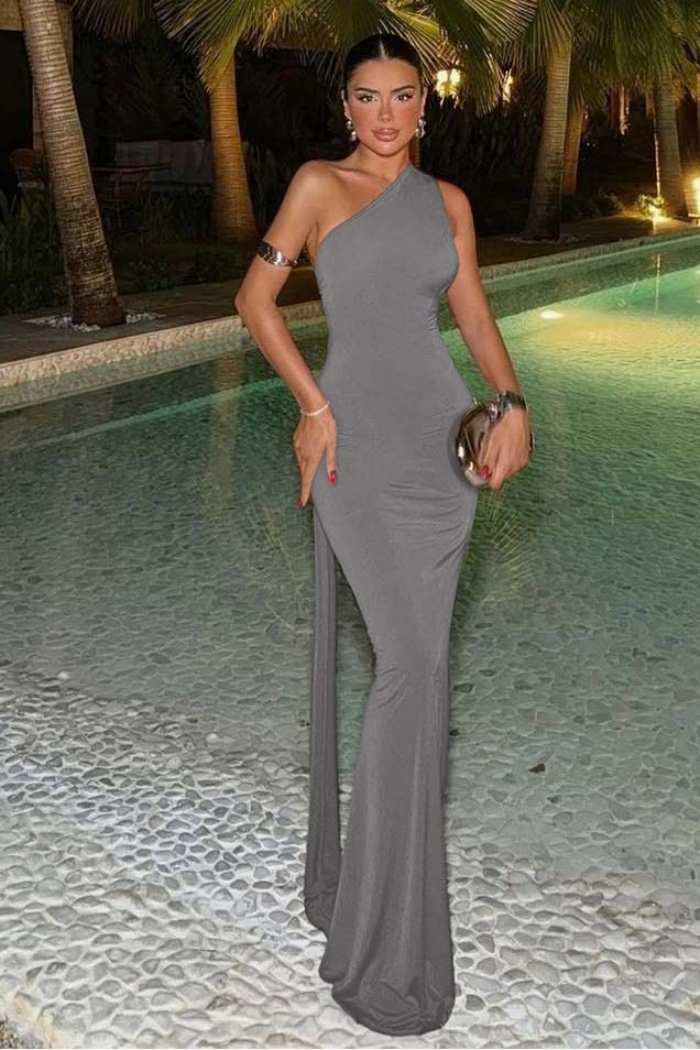 One Shoulder Sleeveless Mermaid Long Prom Dress With Ruffles