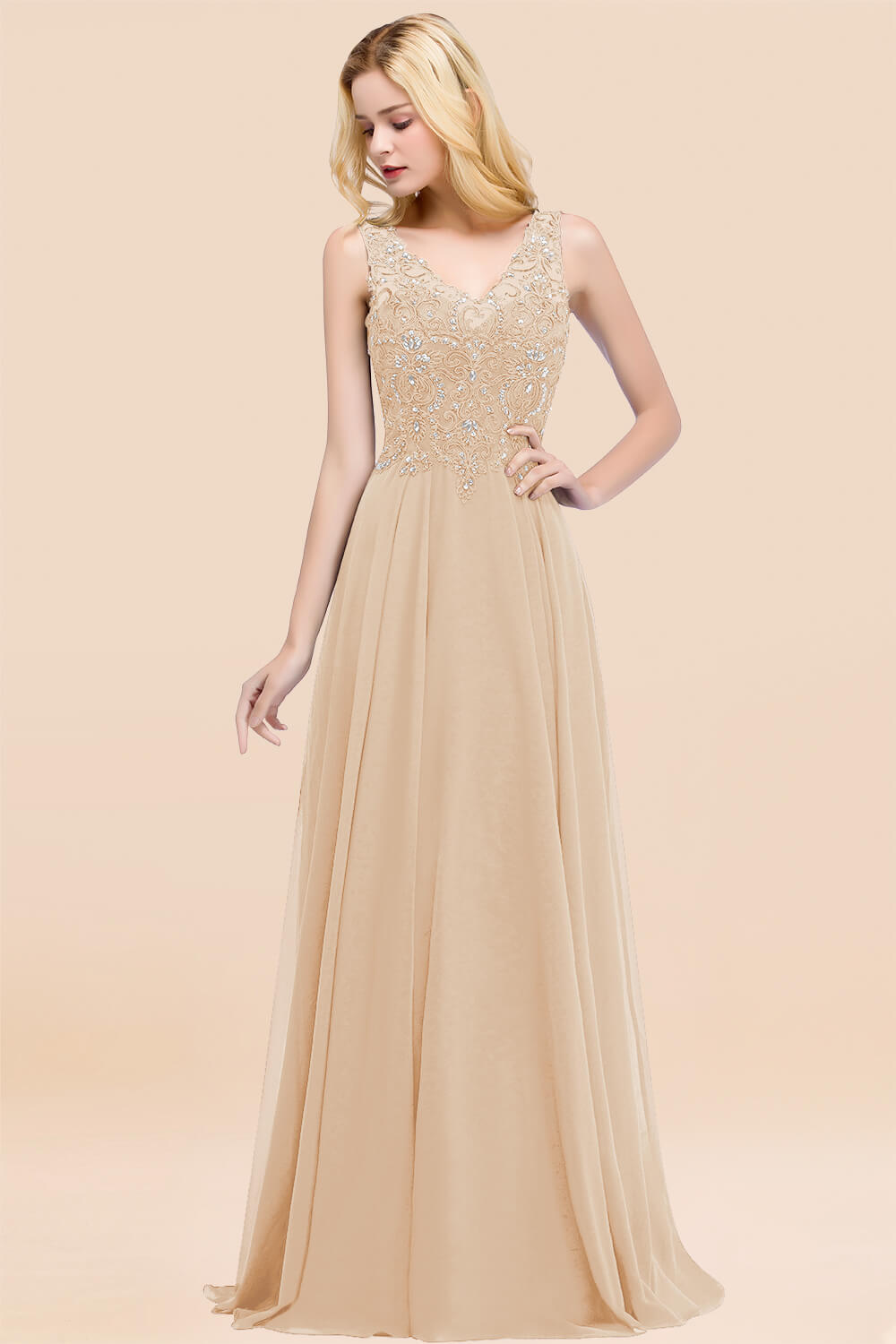 BMbridal Affordable Lace V-Neck Navy Bridesmaid Dresses With Appliques-BMbridal