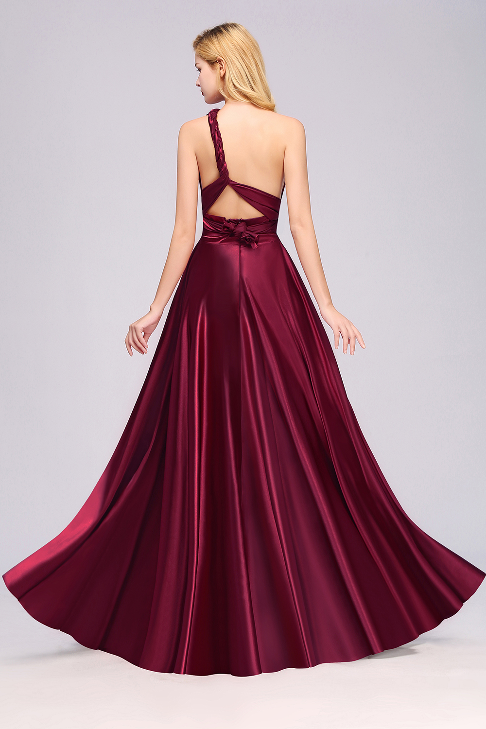 BMbridal Chic Burgundy Satin Long Bridesmaid Dresses With One Shoulder-BMbridal