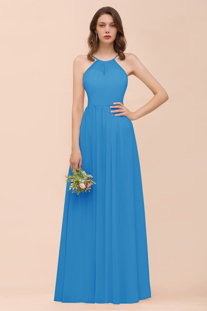 BMbridal Gorgeous Chiffon Halter Ruffle Affordable Long Bridesmaid Dress-BMbridal