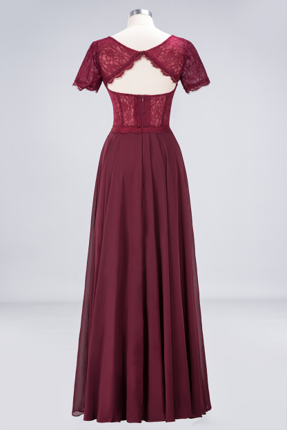 BMbridal Chic Lace Long Burgundy Backless Bridesmaid Dress With Short-Sleeves-BMbridal