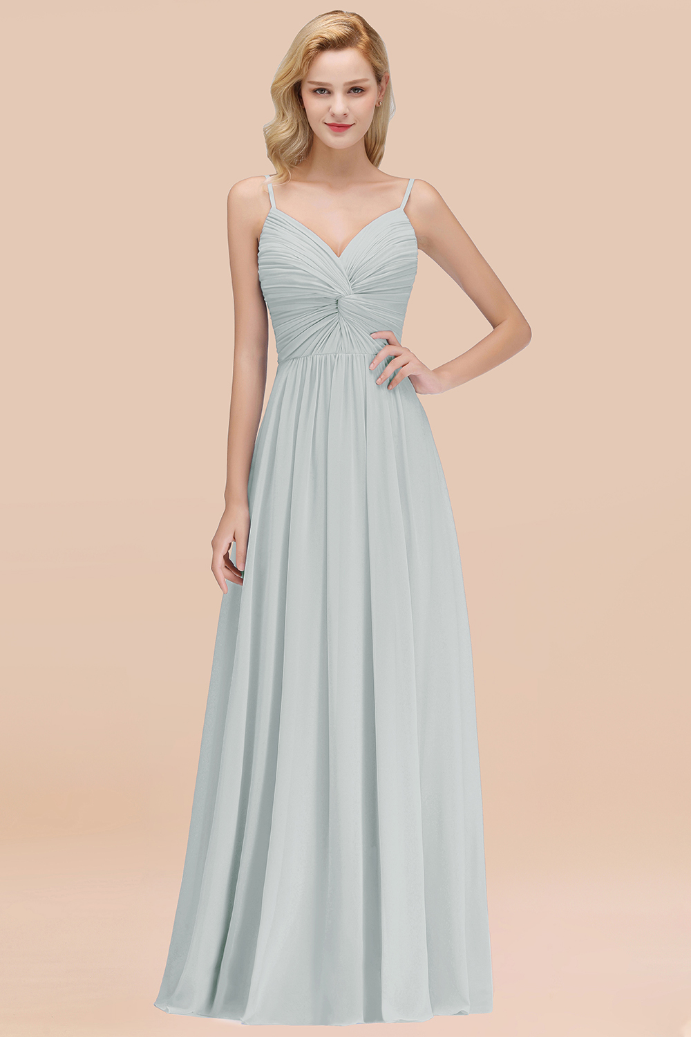 BMbridal Chic V-Neck Pleated Backless Bridesmaid Dresses with Spaghetti Straps-BMbridal