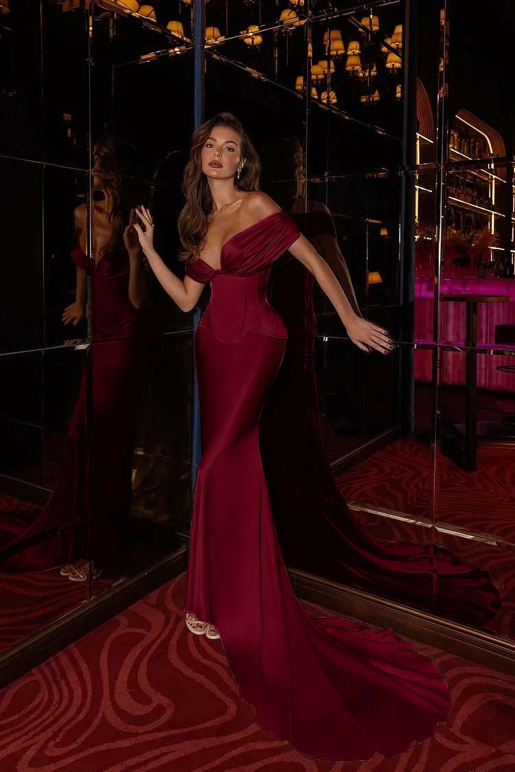 Off the Shoulder Sleeveless Long Mermaid Prom Dress With Pleated