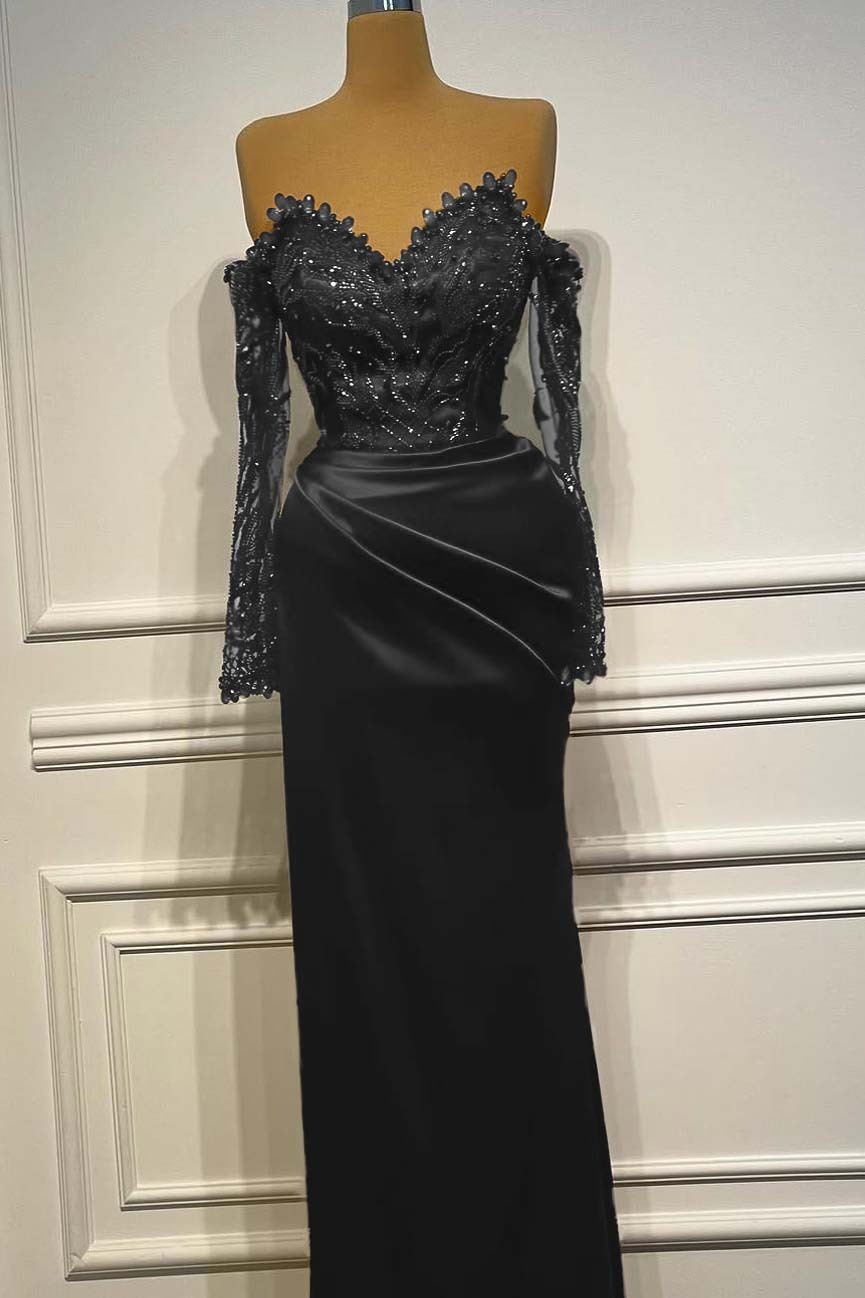 Long Sleeves Strapless Long Mermaid Prom Dress With Beading Pleated