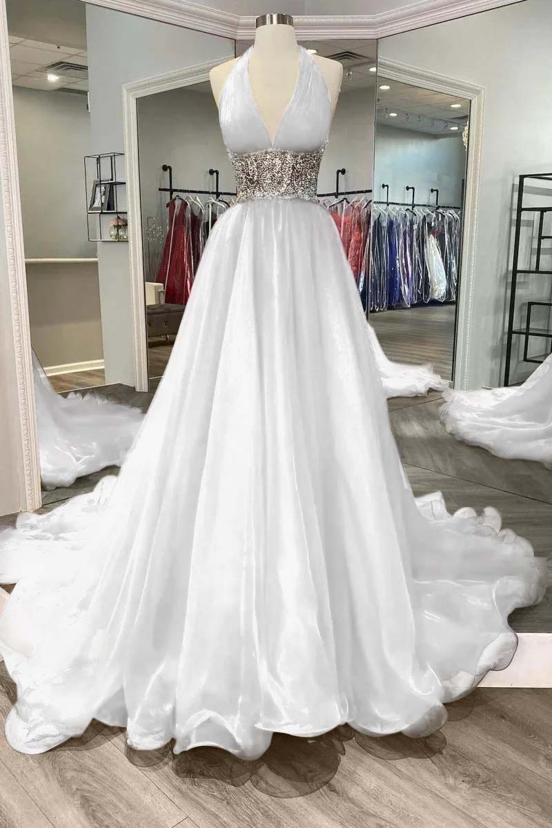 Halter Deep V Neck Sleeveless Long Prom Dress With Beading Ruffle