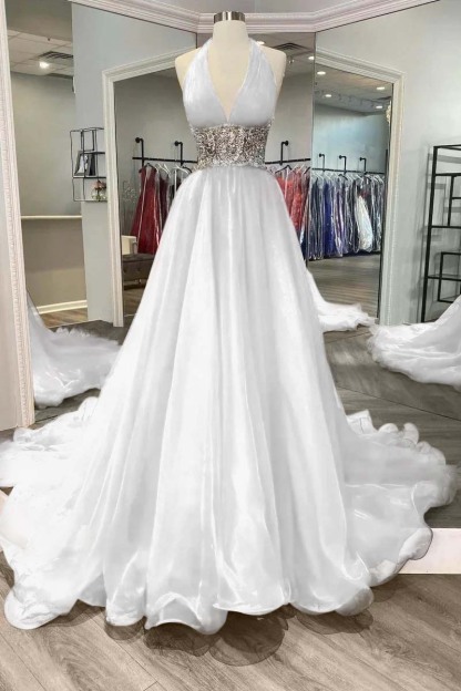 Halter Deep V Neck Sleeveless Long Prom Dress With Beading Ruffle