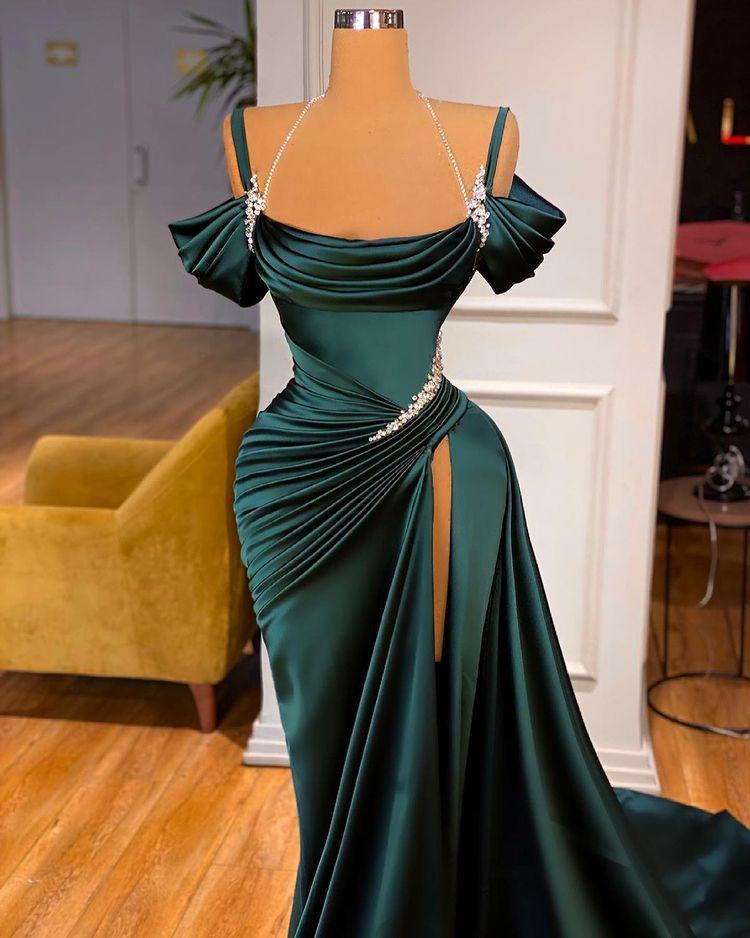 Green Chic Off the Shoulder Beadings Pleated Prom Dress Long With High Split
