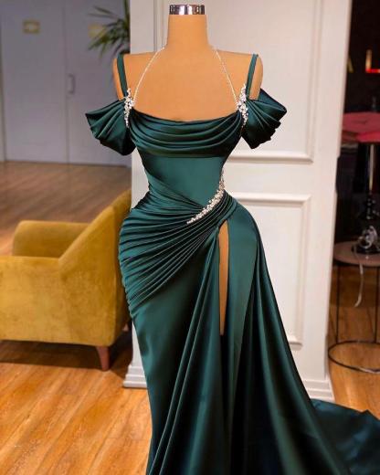 Green Chic Off the Shoulder Beadings Pleated Prom Dress Long With High Split