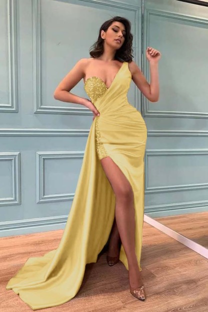 High Split One Shoulder Sleeveless Pleated Long Red Prom Dress With Sequins