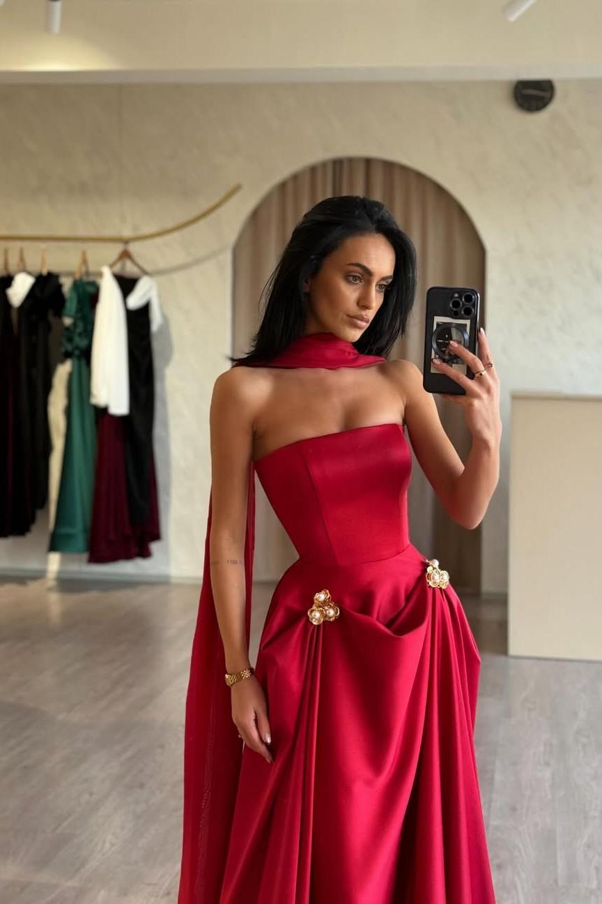 Strapless Sleeveless A Line Long Prom Dress With Ruffles Beading