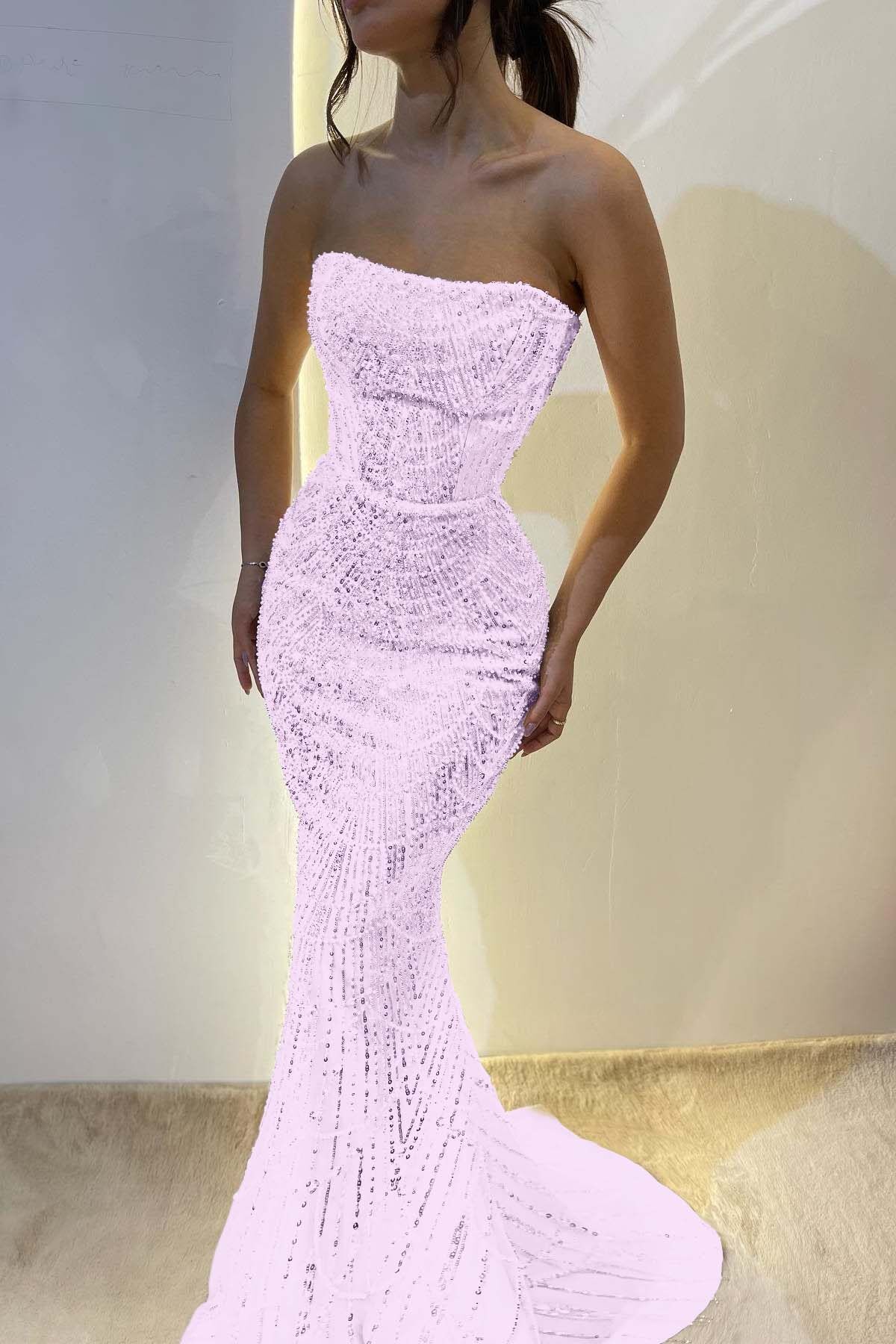 Chic Strapless Sleeveless Long Mermaid Prom Dress With Sequins