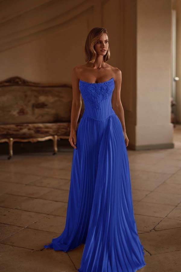Strapless Sleeveless Long Prom Dress With Appliques Pleated