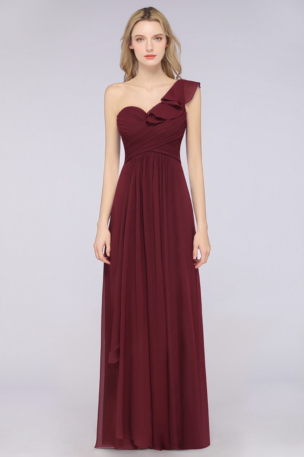 BMbridal Gorgeous Sweetheart Ruffle Burgundy Chiffon Bridesmaid Dress With One-shoulder-BMbridal