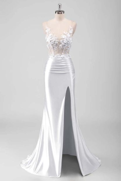 Sleeveless Spaghetti Strap Long Split Mermaid Prom Dress With Appliques