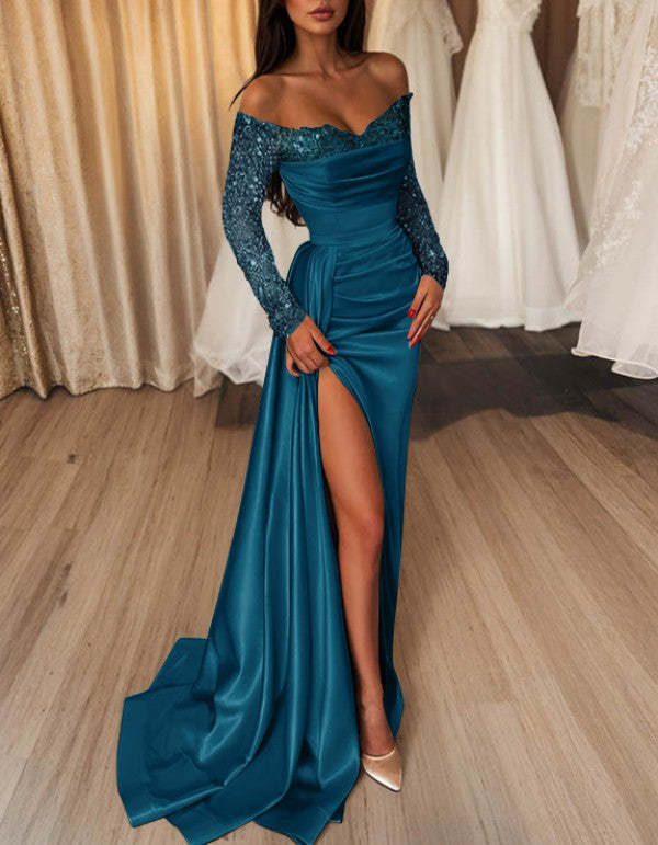 Off-the-Shoulder Floor-Length Prom Dress with Side Split and Sequins