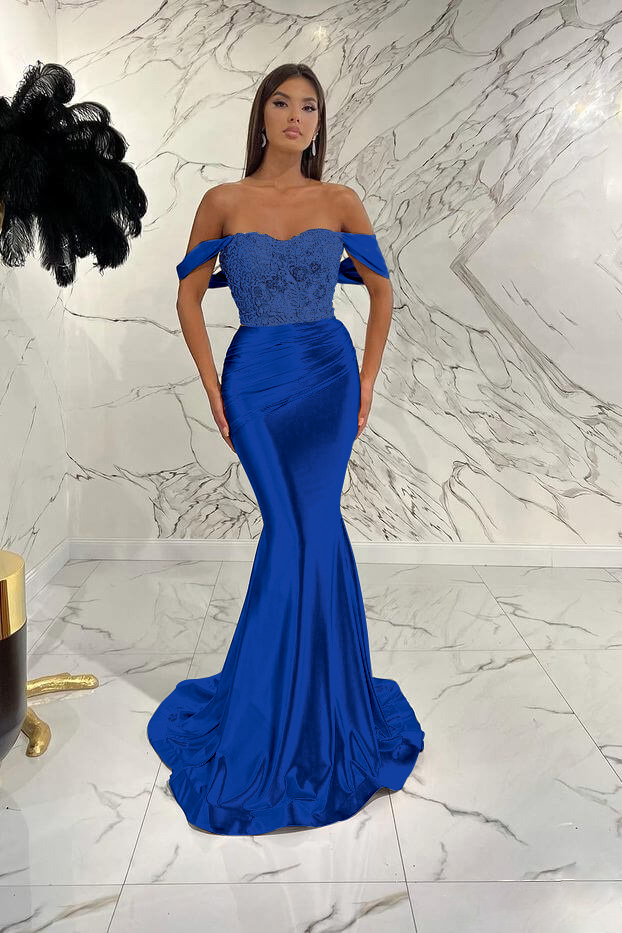 Gorgeous Off the Shoulder Mermaid Sequins Prom Dress With Beading Pleated