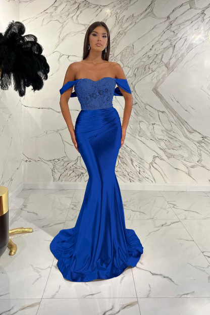 Gorgeous Off the Shoulder Mermaid Sequins Prom Dress With Beading Pleated