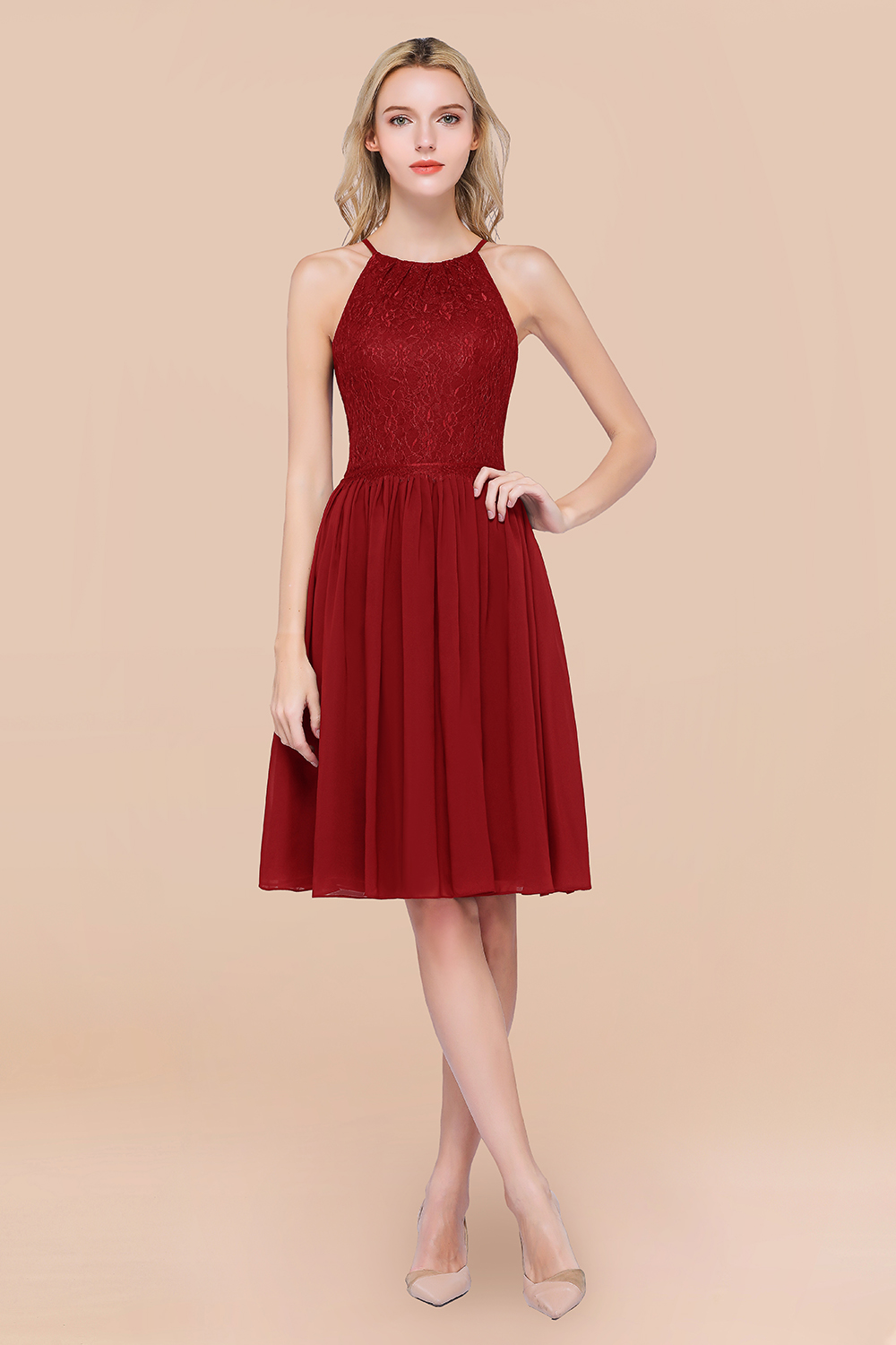 BMbridal Lovely Burgundy Lace Short Bridesmaid Dress With Spaghetti-Straps-BMbridal