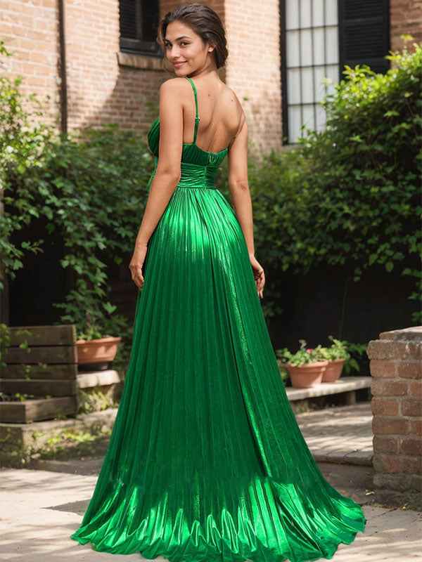 Dark Green Metallic V-Neck Pleated Corset Prom Dress with Slit
