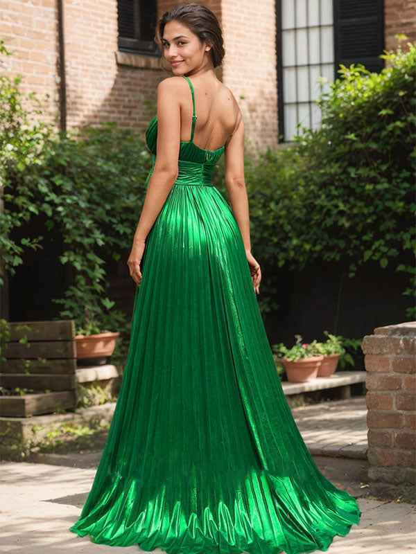 Dark Green Metallic V-Neck Pleated Corset Prom Dress with Slit