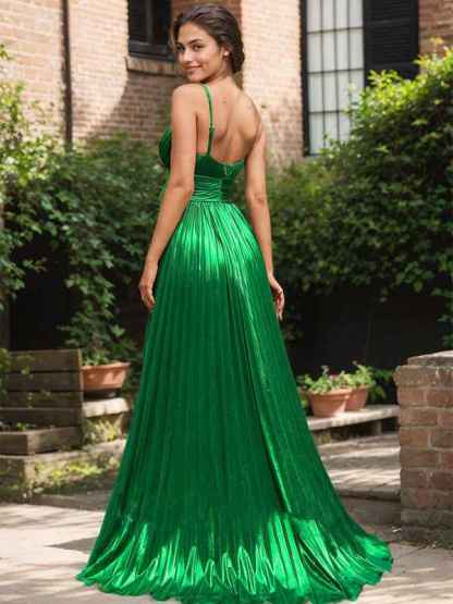 Dark Green Metallic V-Neck Pleated Corset Prom Dress with Slit