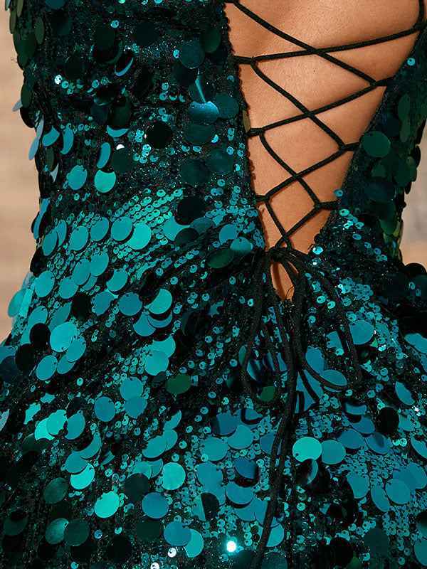 Sparkly Lace Up Back V-Neck Corset Sequin Mermaid Maxi Dress With Slit