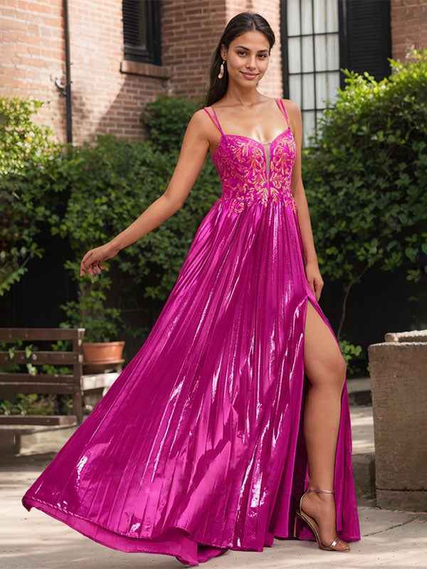 Fuchsia A Line Sweetheart Corset Pleated Prom Dress with Lace Appliques