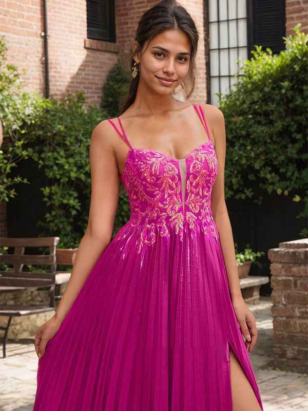 Fuchsia A Line Sweetheart Corset Pleated Prom Dress with Lace Appliques