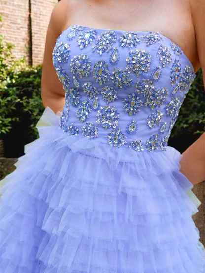 Blue A Line Tiered Ruffled Tulle Prom Dress with Beading Rhinestone