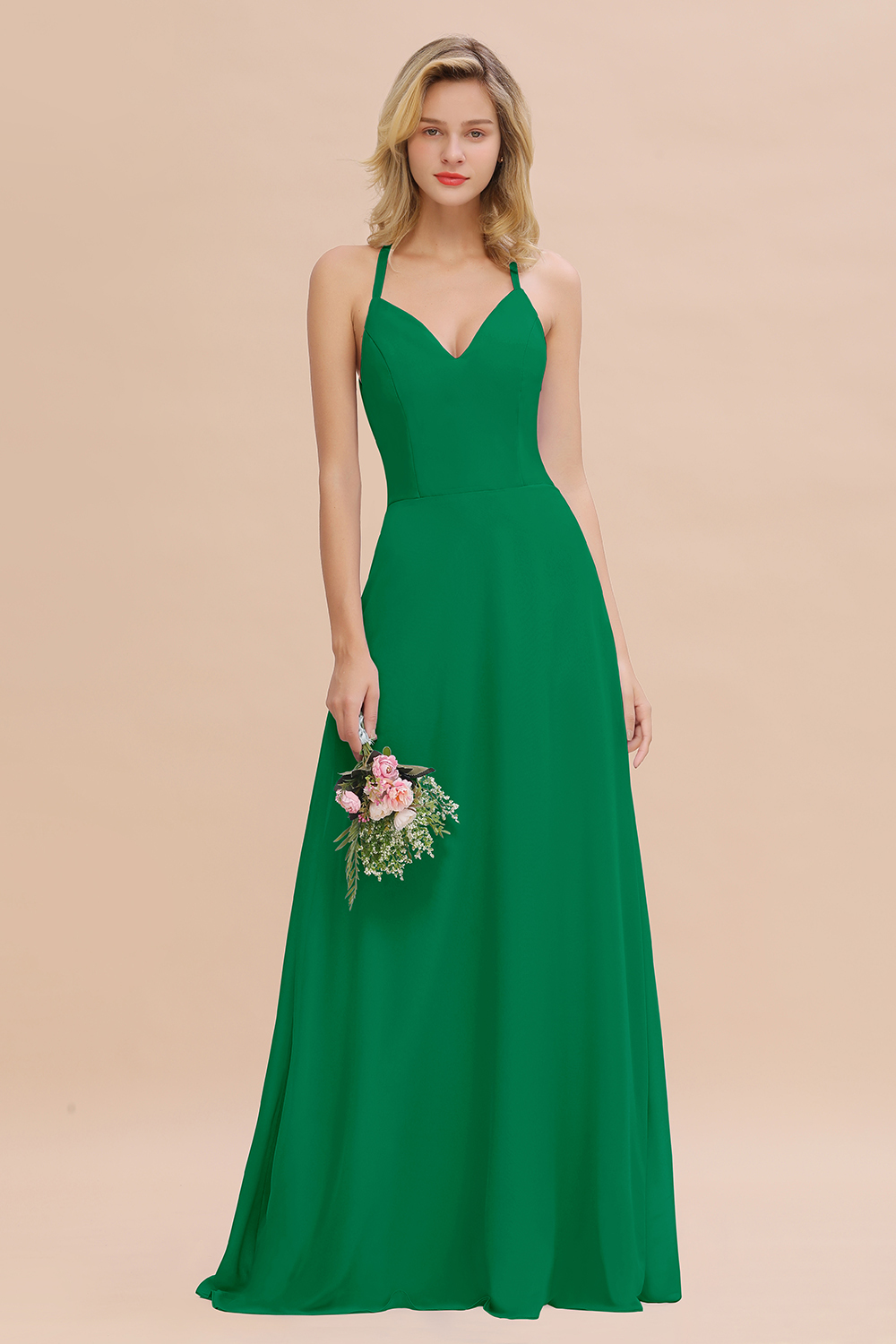 BMbridal Modest Halter V-Neck Sleeveless Long Bridesmaid Dresses Online-BMbridal