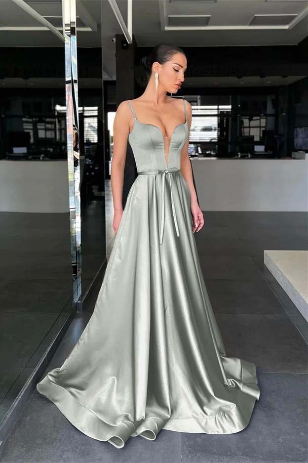 Charming Sage Spaghetti Strap Sleeveless A Line Prom Dress Long With Belt