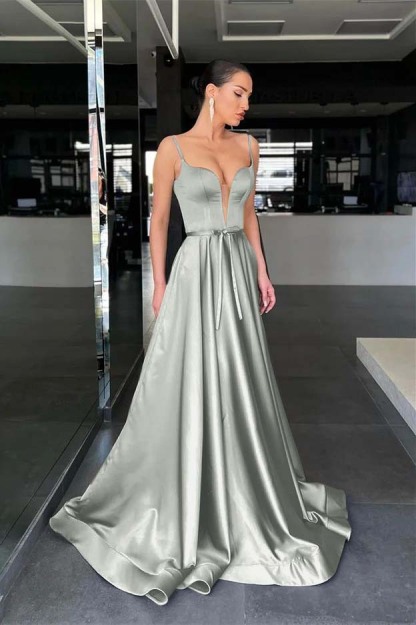 Charming Sage Spaghetti Strap Sleeveless A Line Prom Dress Long With Belt