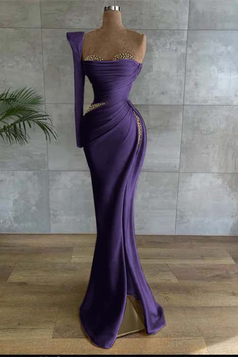 One Shoulder Long Sleeve Long High Split Prom Dress With Beading